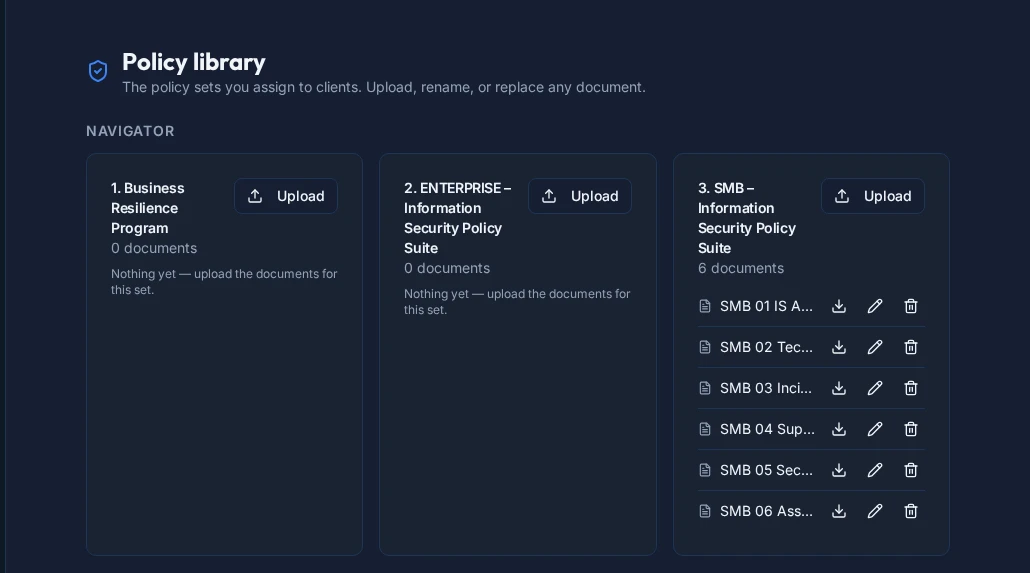 Policy library view showing curated policy sets — Business Resilience, Enterprise and SMB Information Security suites — with upload, download, and edit controls