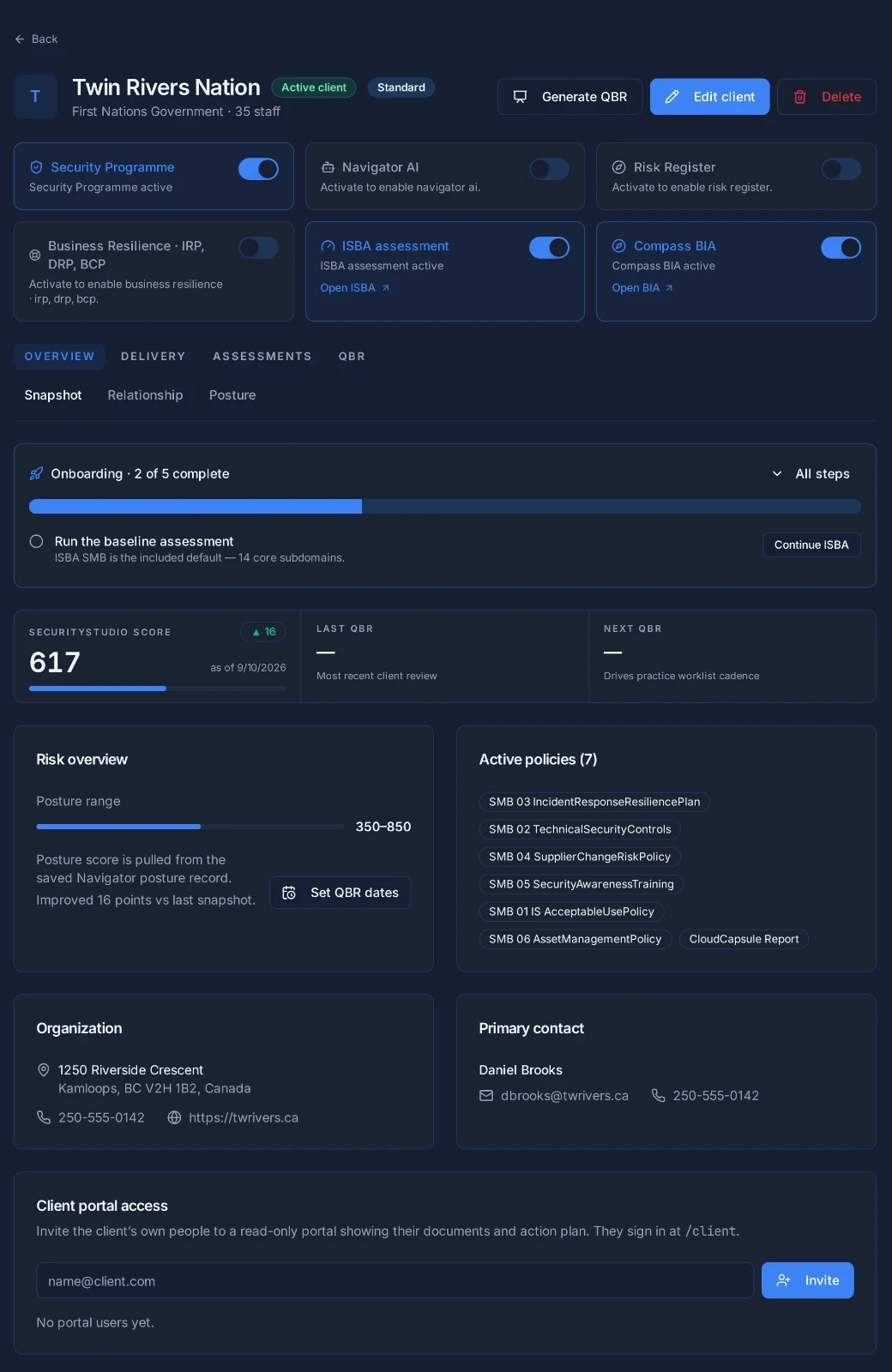Client workspace with programme modules, onboarding progress, posture, and policies