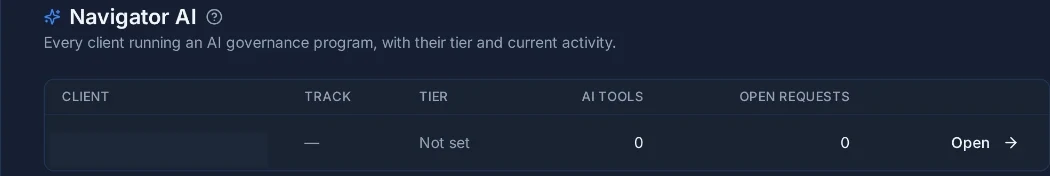 Practice-wide AI programme list with clients, tiers, AI tools, and open requests