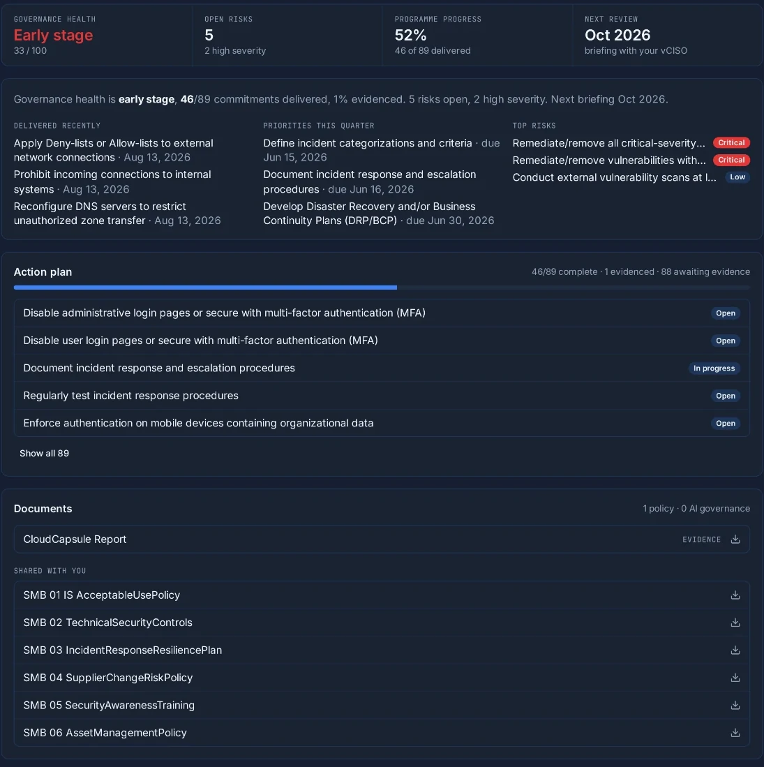 Read-only client portal with governance health, action plan, and shared documents